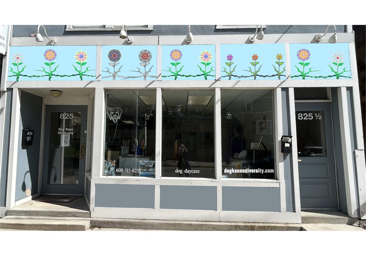 An alternative proposal mocked up on the building: five panels of bright geometric mandala-style flowers on a pale blue ground.