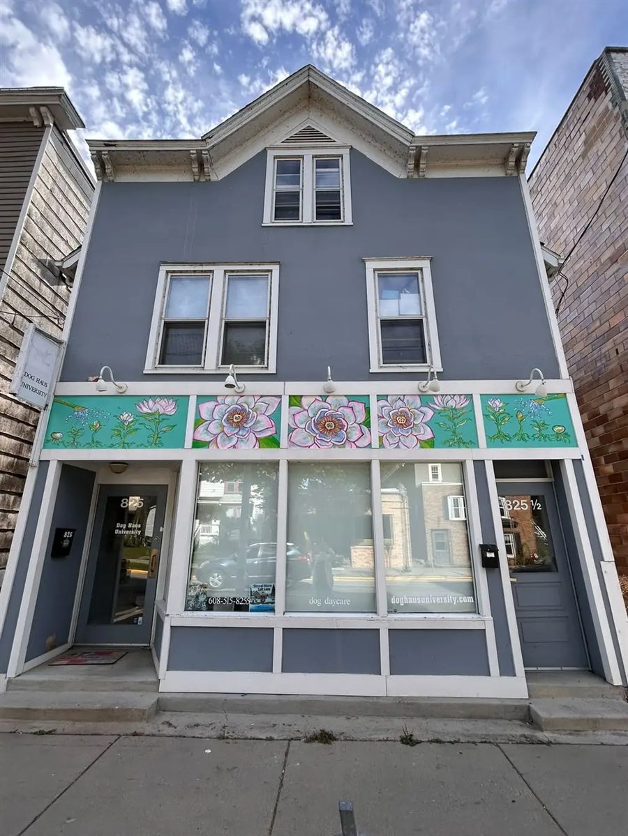 The full storefront at 825 E Johnson St seen from the pavement, the finished mural running in a band above the windows.